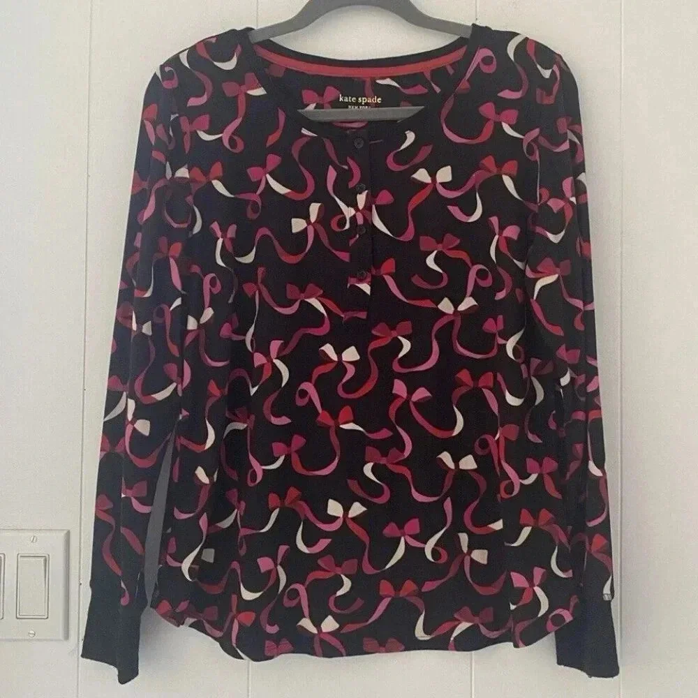 Kate Spade Henley Pajama‎ Top Womens Size M Black Red Pink Ribbon Soft Slumber